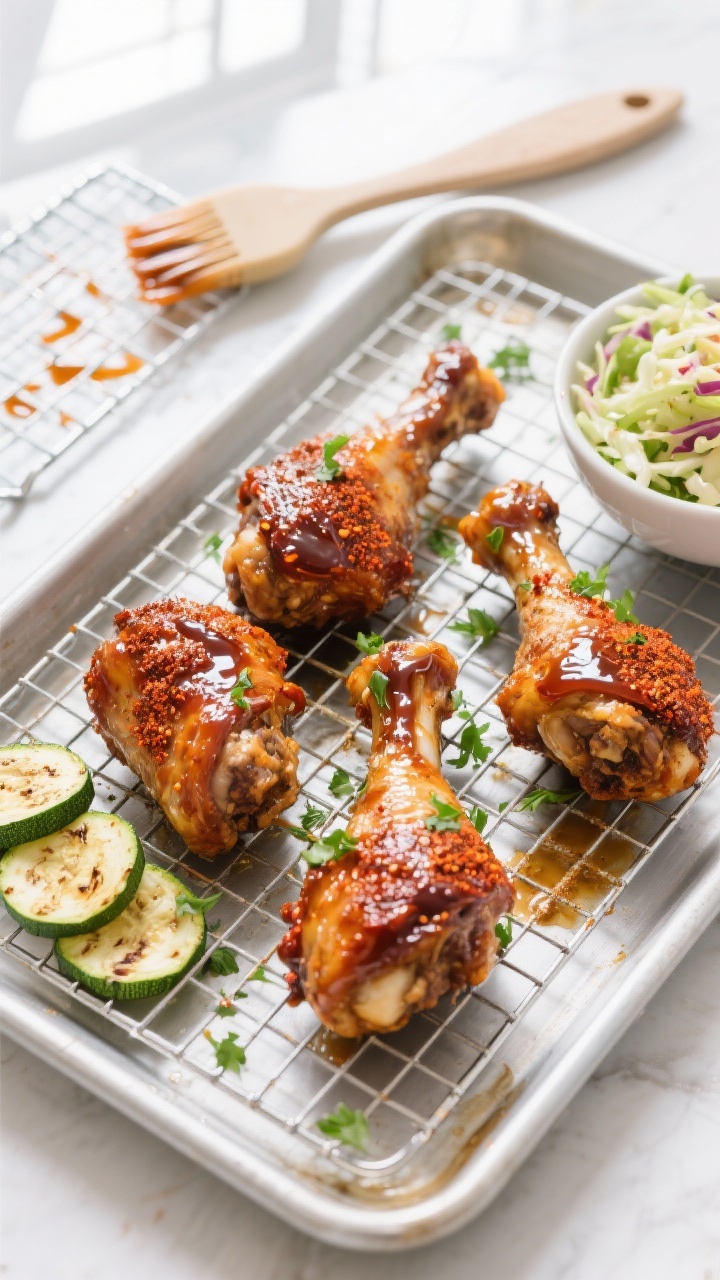 Overhead “tasty top view” shot: Sheet pan oven-finished keto BBQ drumsticks on a wire rack, lacq