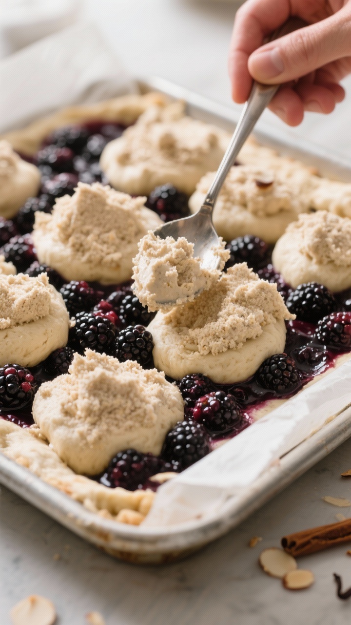 Process action scene (no hands shown): spooning thick, scoopable almond–coconut flour topping in r