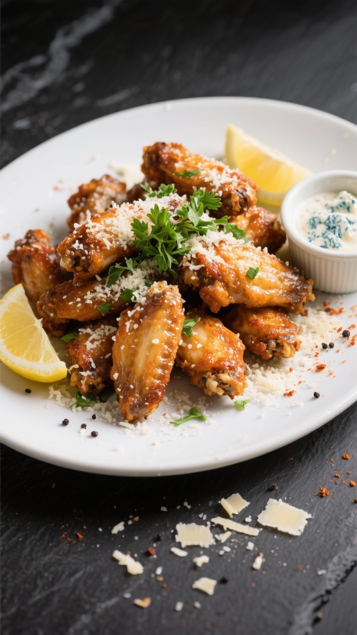 Tasty top view final presentation: Overhead shot of plated Parmesan garlic wings arranged in a tight