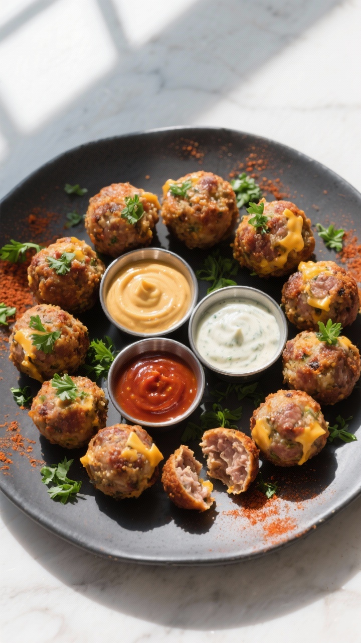 Tasty top-view final presentation: Overhead shot of a platter of keto sausage balls arranged in a ci
