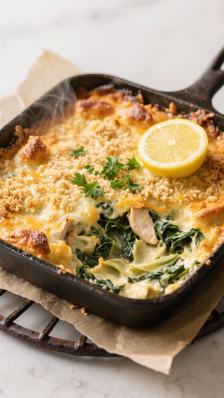 Tasty top view, just-baked casserole: Overhead shot of the finished spinach artichoke chicken casser
