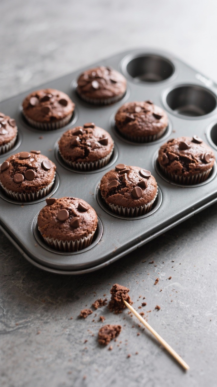 Tasty top view: Overhead shot of a 12-cup muffin tin filled with baked chocolate protein muffins, ea
