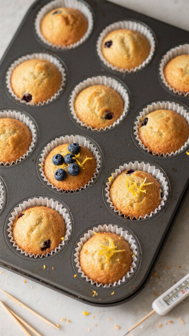 Tasty top view: Overhead shot of a 12-cup muffin tin fresh out of the oven, lined with parchment lin