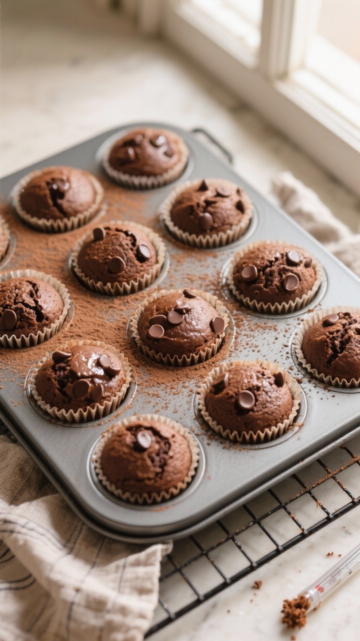 Tasty top view: Overhead shot of a 12-cup muffin tin just out of the oven, each keto chocolate muffi