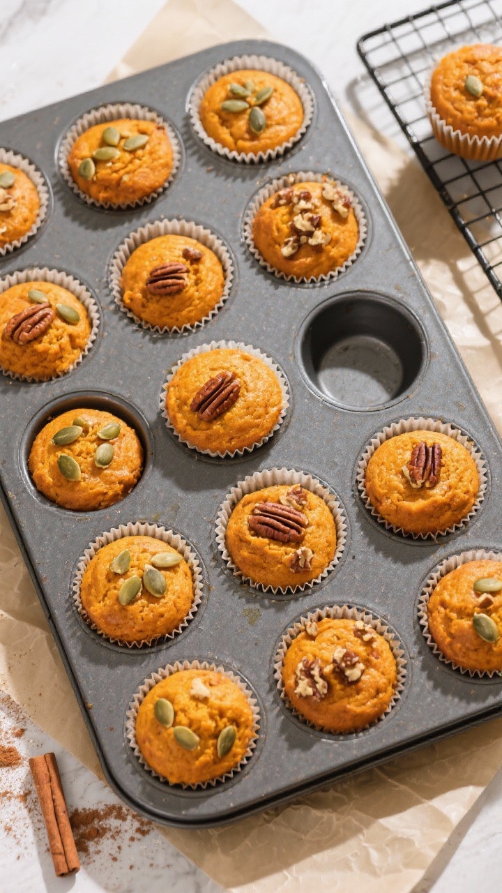 Tasty top view: Overhead shot of a 12-cup muffin tin fresh from the oven filled with golden-orange p