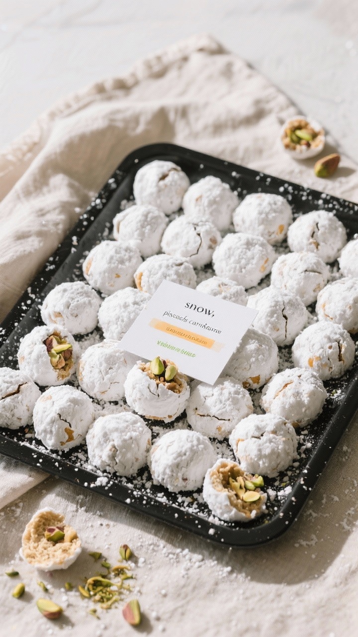 Tasty top view: Overhead shot of a festive cookie tray filled with fully cooled keto snowball cookie