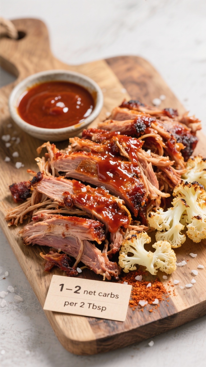 Tasty top view: Overhead shot of a rustic board with sliced keto BBQ pulled pork piled high, strands