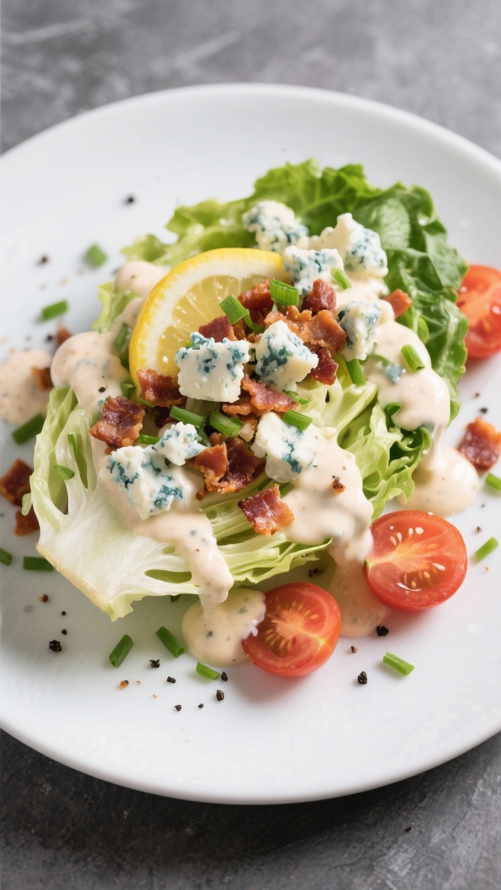 Tasty top view: Overhead shot of a wedge salad generously drizzled with the keto blue cheese dressin