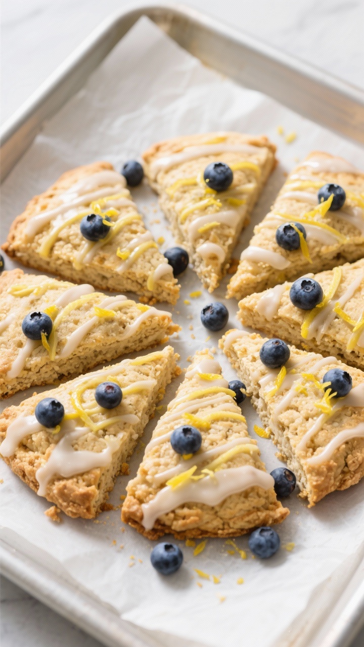 Tasty top view: Overhead shot of an 8-wedge round of keto blueberry scones slightly separated for ai