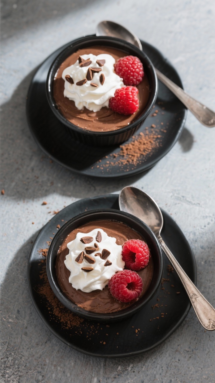 Tasty top view: Overhead shot of chilled keto avocado chocolate pudding portioned into small matte-b