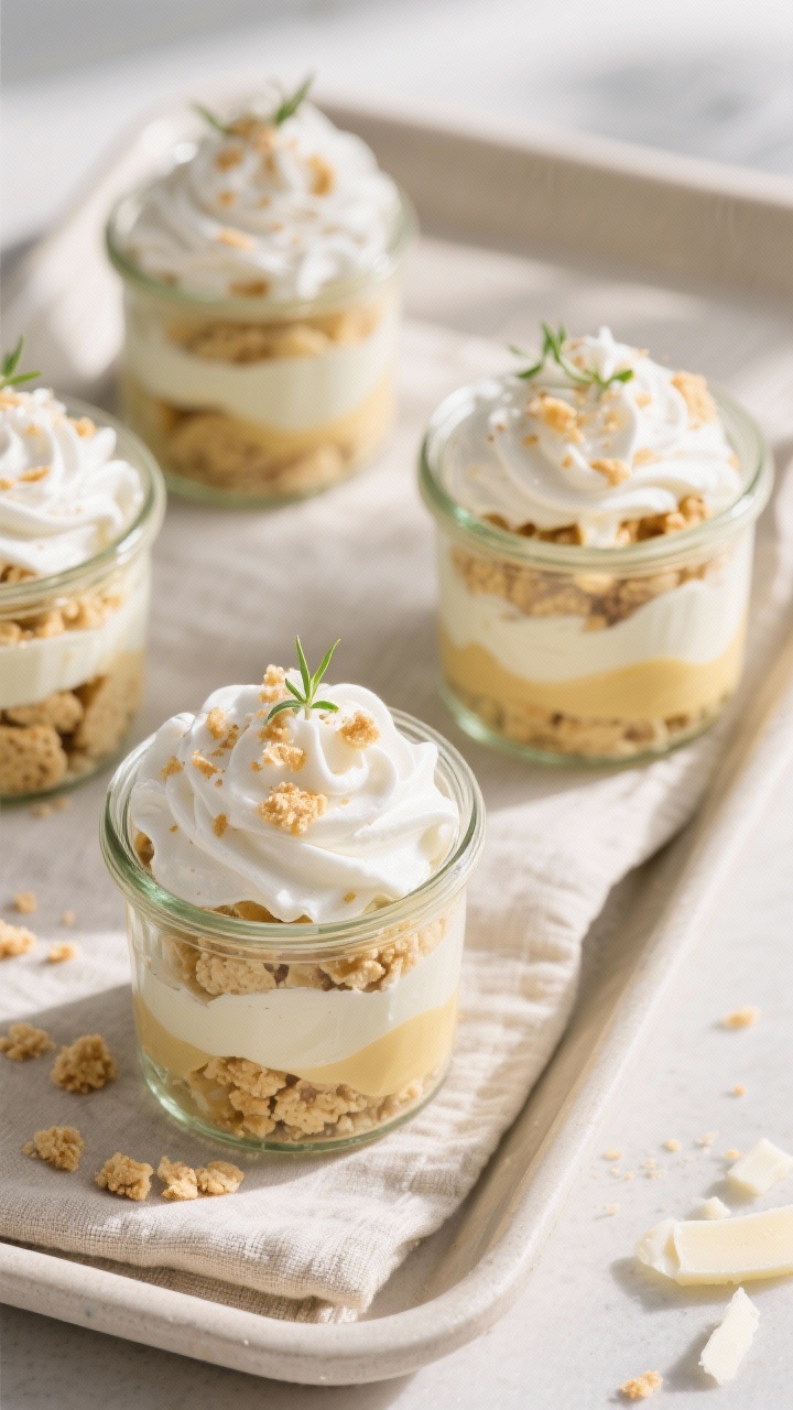 Tasty top view: Overhead shot of layered keto banana pudding in small glass jars—crumbled keto van