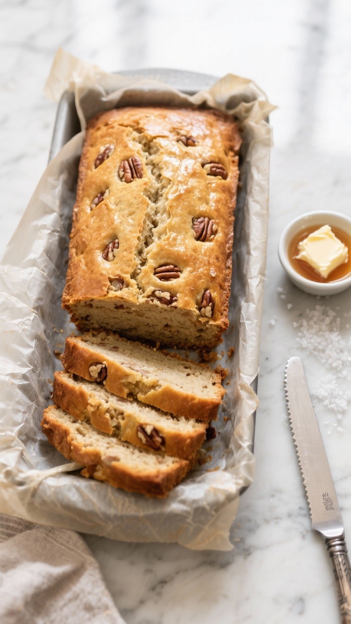 Tasty top view: Overhead shot of the 9x5 loaf in parchment, just lifted from the pan after cooling, 