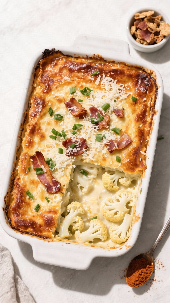Tasty top view: Overhead shot of the assembled and rested casserole in a 9x13 baking dish, evenly br