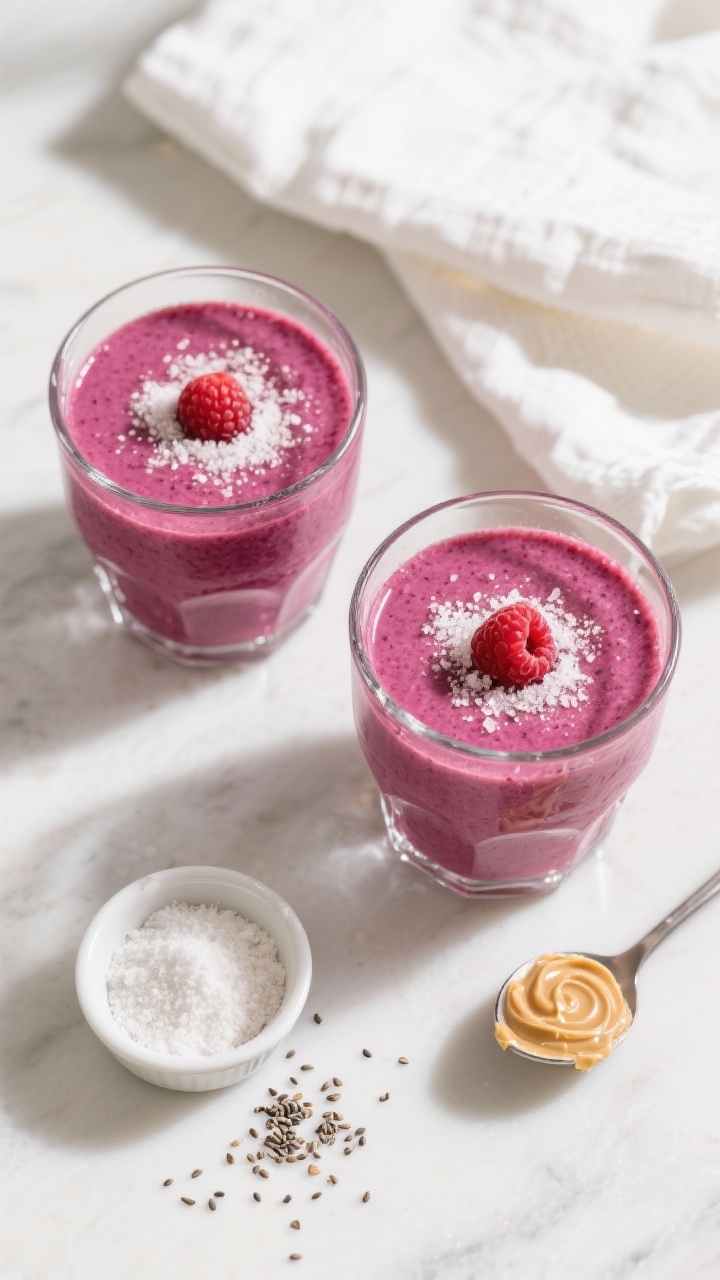 Tasty top view: Overhead shot of the finished keto berry smoothie served in two low rocks glasses, r