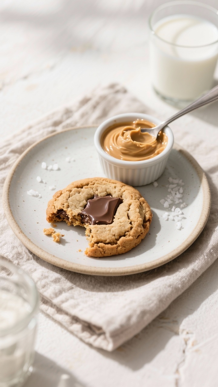 Tasty top view: Overhead shot of the finished single-serve protein cookie on a small ceramic plate, 