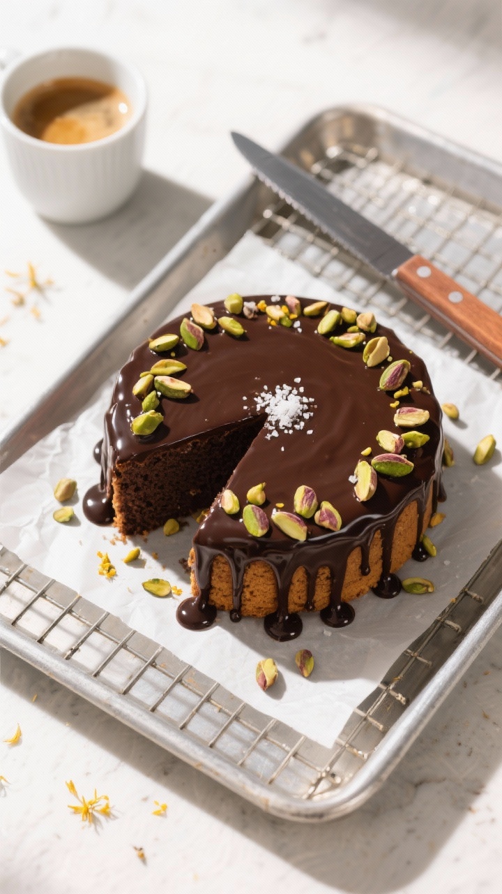 Tasty top view: Overhead shot of the whole cake on a cooling rack set over a tray, fully glazed with