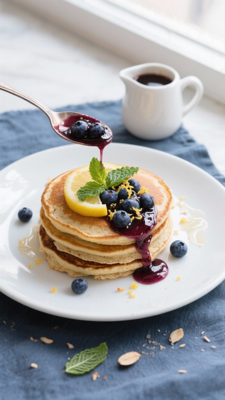 Tasty top view: Overhead shot of warm keto blueberry sauce spooned over a stack of almond flour panc