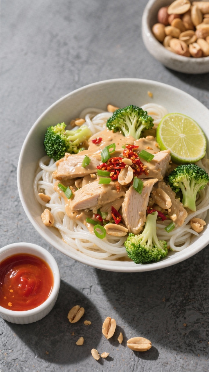 Tasty top-view shot: Overhead shot of Thai Peanut Chicken Broccoli noodle bowl—rice noodles lightl