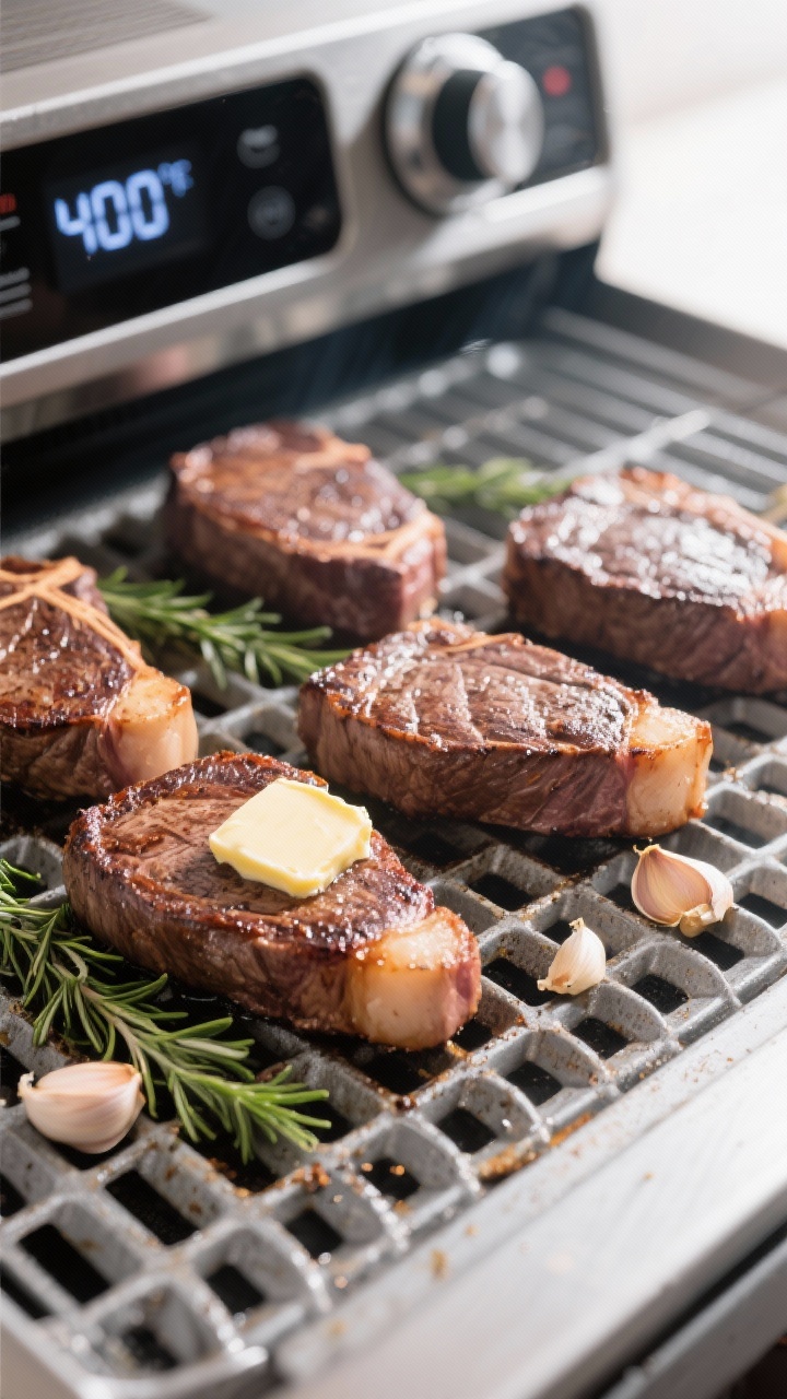 5–2-inch steaks spaced apart to show airflow; visible caramelization and browning on the top, a pa