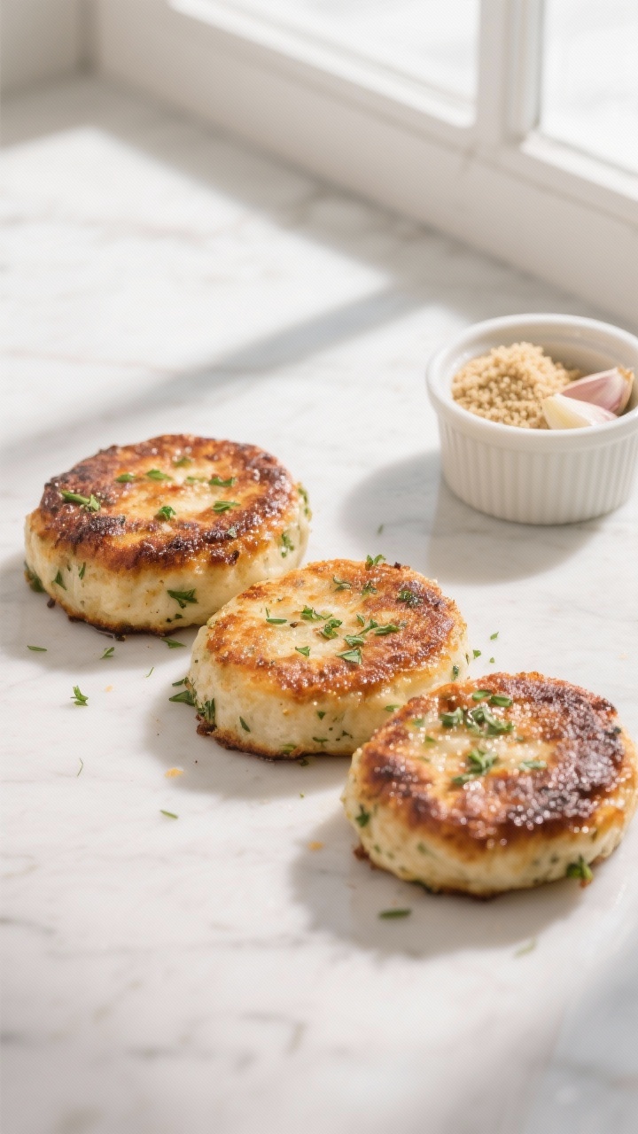 5 inches, lightly oiled tops, visible herb flecks, and evenly browned undersides; a small ramekin of