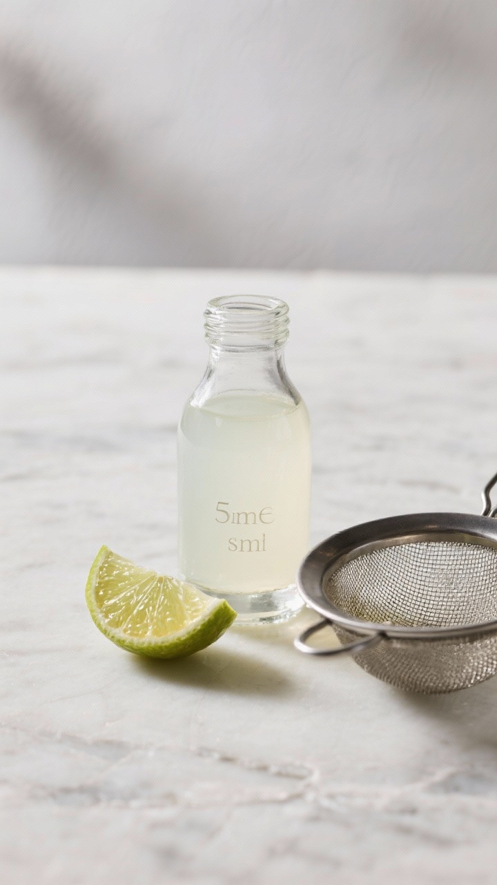 5 oz simple syrup option, lime wedge and fine-mesh strainer set beside it; on a light stone backdrop