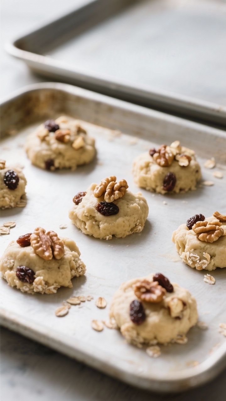 5-tablespoon mounds of dough just flattened by fingertips, studded with raisins and chopped walnuts,