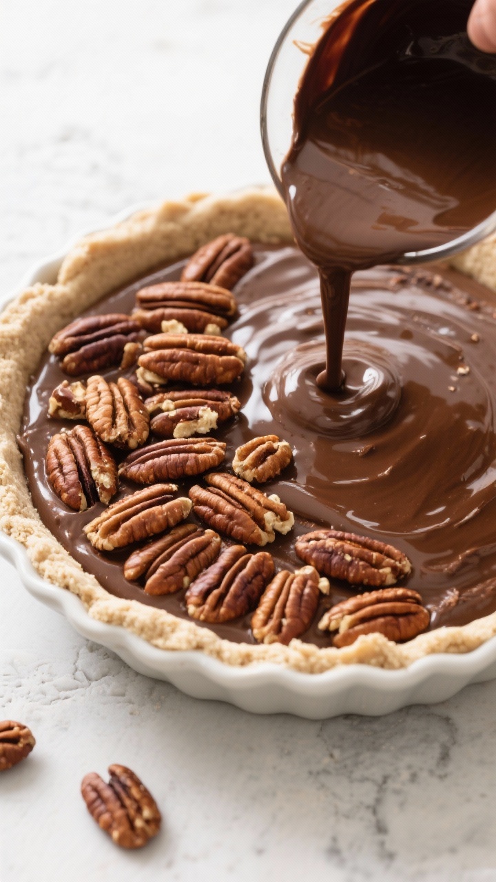 Assembly — pecans and filling meeting: Overhead shot of a par-baked almond flour crust in a 9-inch