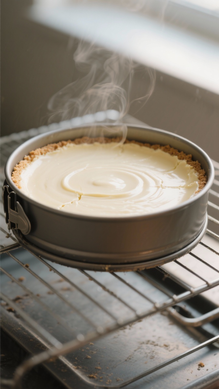 Baking/jiggle test — Cheesecake just set: overhead shot of the baked cheesecake still in the sprin