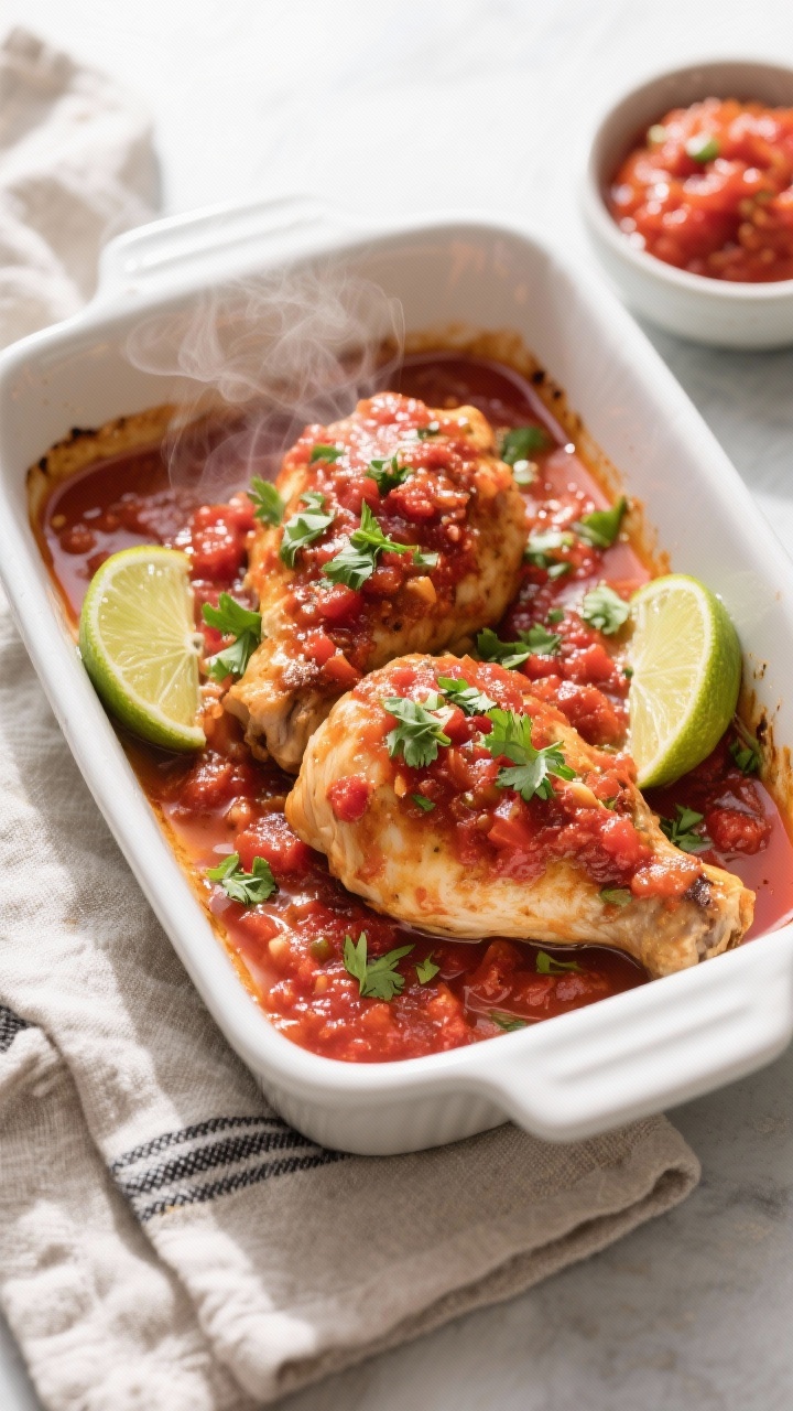 Baking stage: Overhead shot of salsa-coated chicken in a white ceramic baking dish just pulled from 