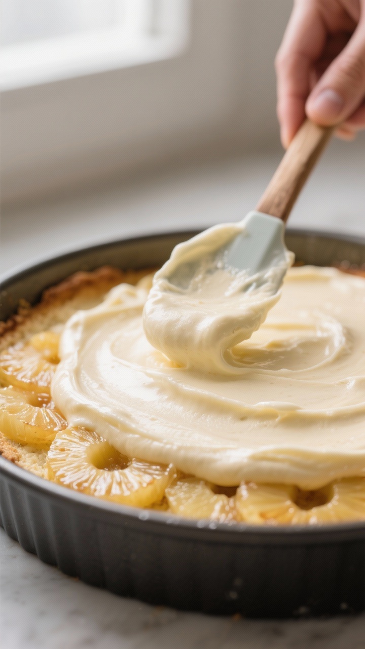 Batter spreading over fruit — action detail: Close-up detail of thick, buttery vanilla cake batter