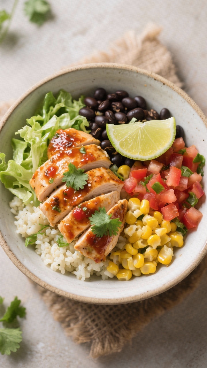 Bowl presentation (healthy option): Overhead “low-carb bowl” featuring sliced salsa chicken over