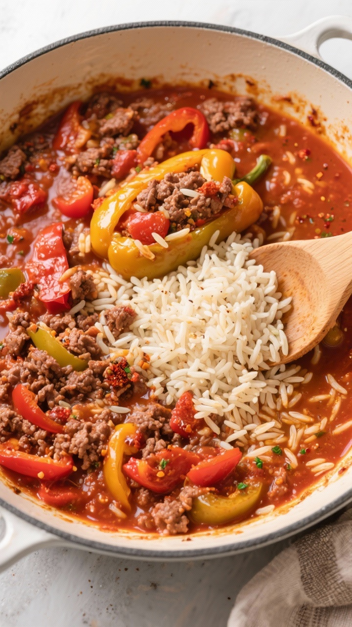 Building the casserole — saucy simmer with rice: Overhead shot of the stuffed pepper casserole mix