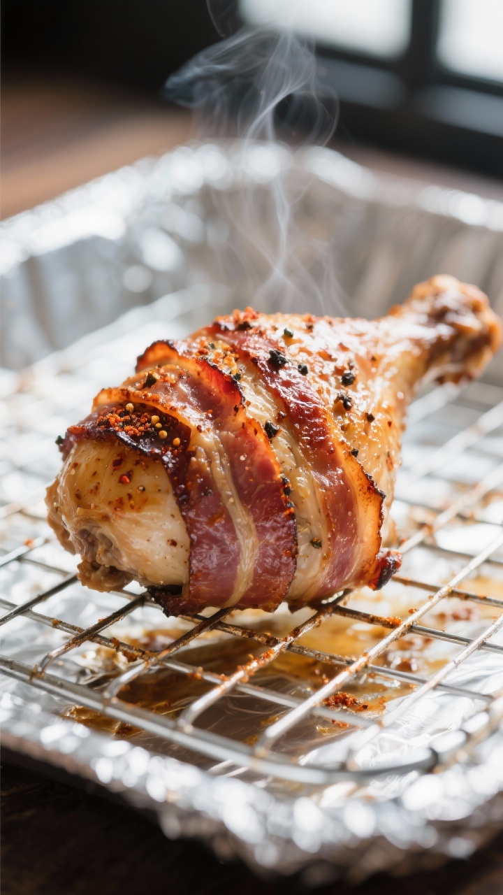Close-up detail: A bacon-wrapped chicken leg just out of the oven on a wire rack, bacon rendered and