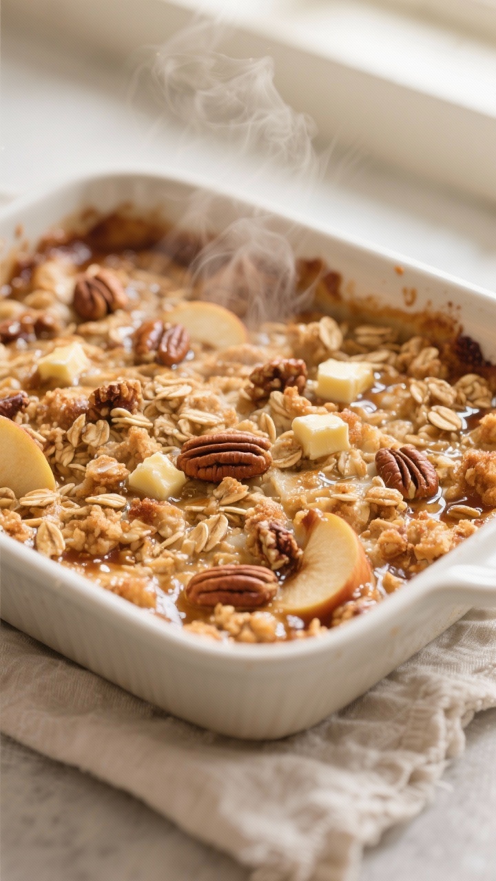 Close-up detail: A bubbling apple crisp just out of the oven, golden, deeply caramelized oat-and-bro