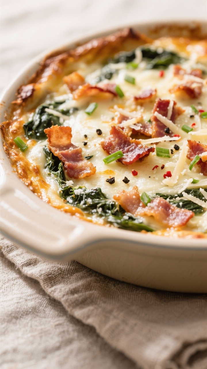 Close-up detail: A bubbling Bacon Caesar Spinach Dip just out of the oven, edges sizzling and lightl