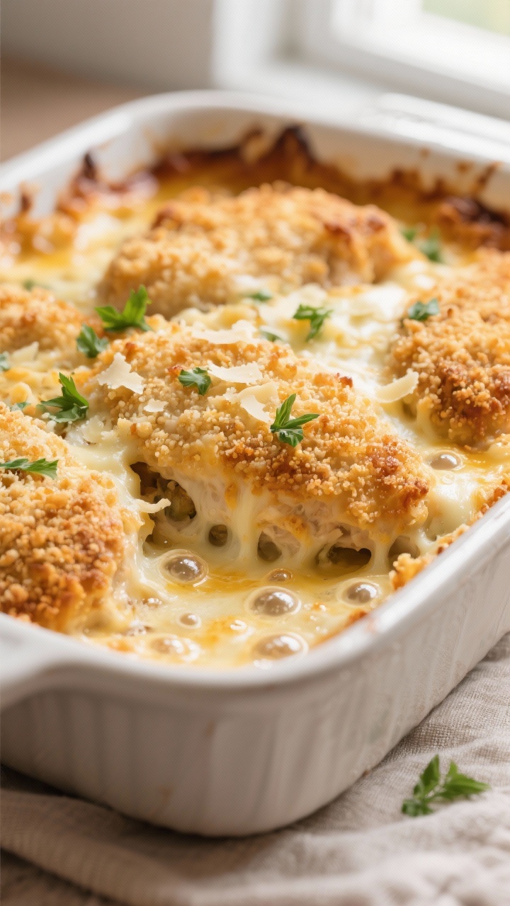 Close-up detail: A bubbling Chicken Bake just pulled from the oven, showing a deeply golden, crunchy