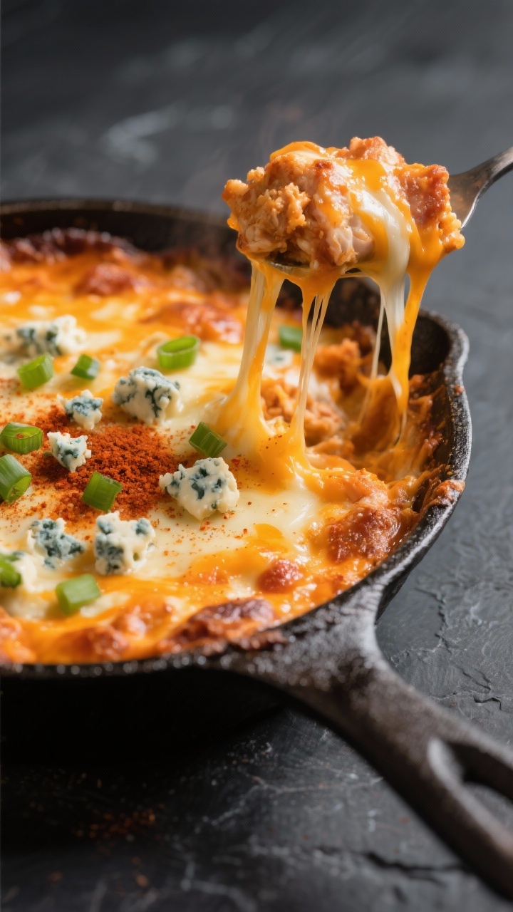 Close-up detail: A bubbling, just-baked keto buffalo chicken dip in a small cast-iron skillet, edges