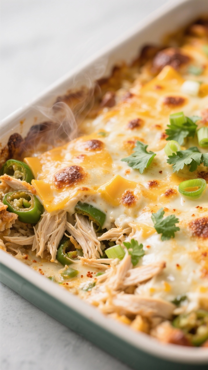 Close-up detail: A bubbling, just-broiled keto green chili chicken casserole corner in a 9x13 baking