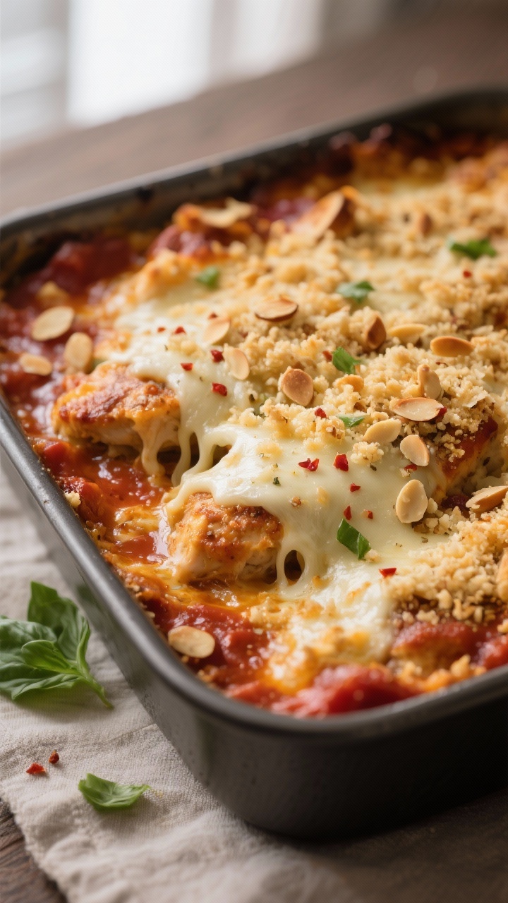 Close-up detail: A bubbling Keto Chicken Parmesan Casserole just out of the oven, showing golden alm