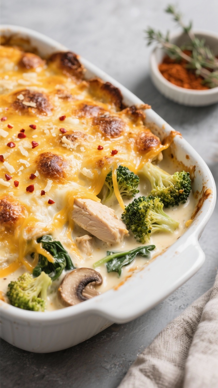 Close-up detail: A bubbling Keto Creamy Chicken Casserole just pulled from the oven, shot at a 45-de