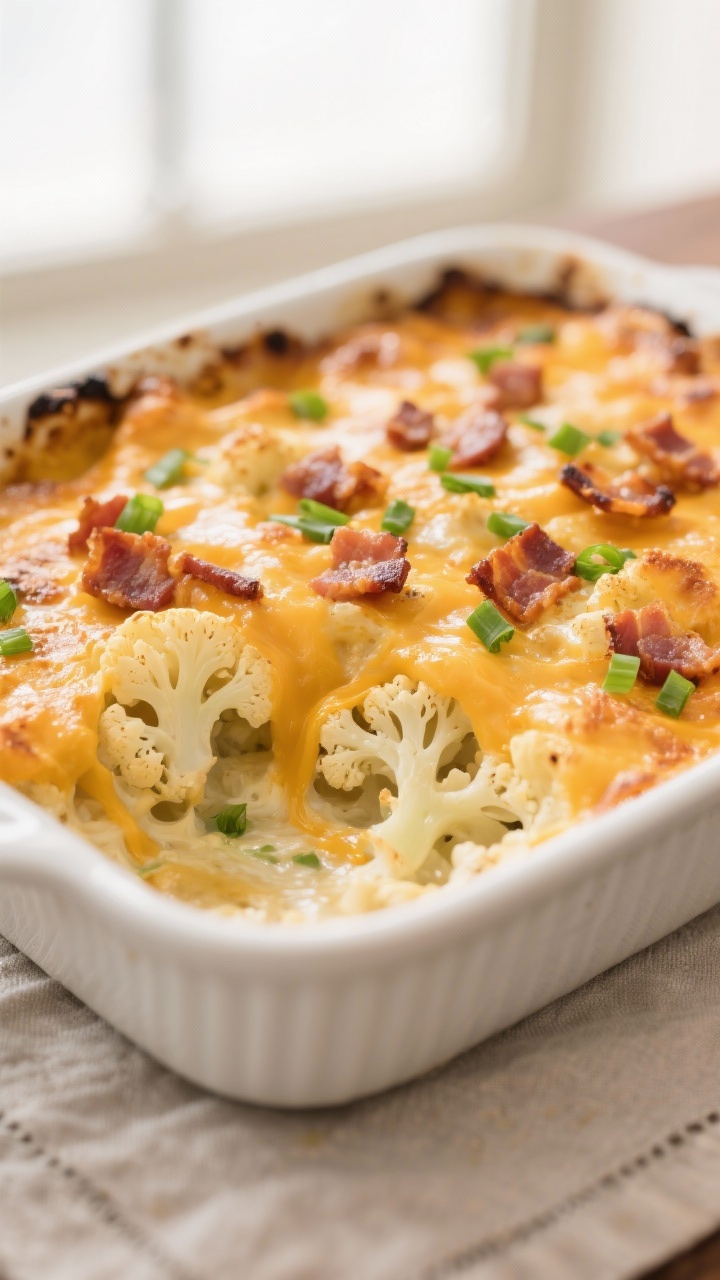 Close-up detail: A bubbling Loaded Cauliflower Casserole just out of the oven, golden-brown cheddar