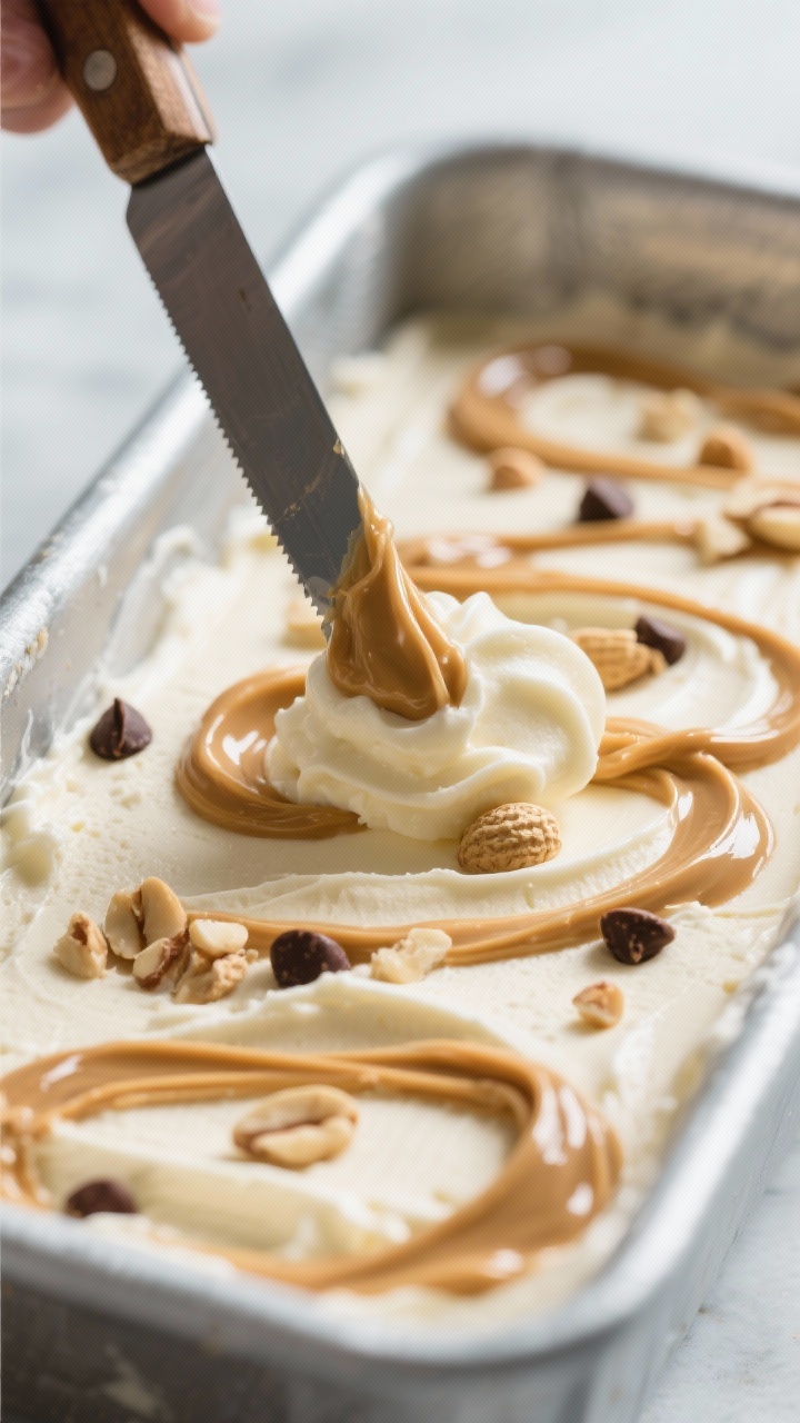 Close-up detail: A butter knife gently swirling warm, ribbon-like peanut butter through a layer of f