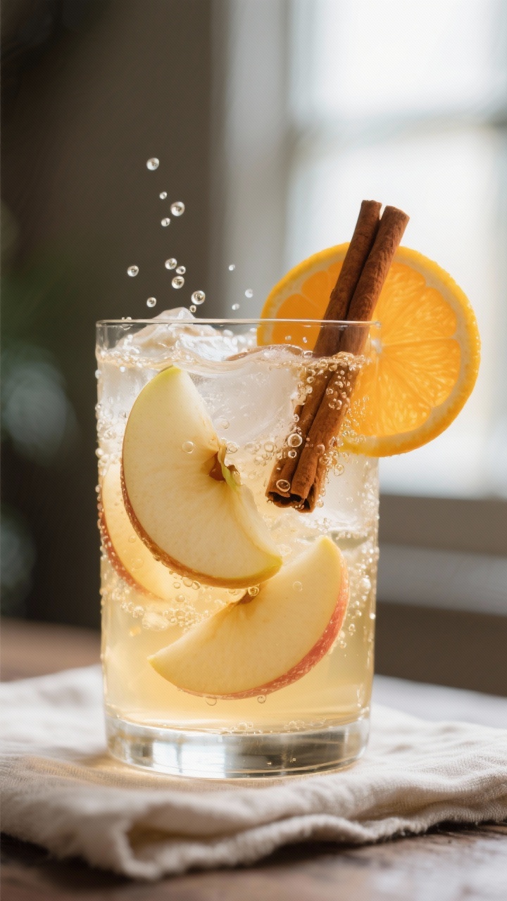 Close-up detail: A chilled glass of Apple Cinnamon Sangria just poured over clinking ice, with thin
