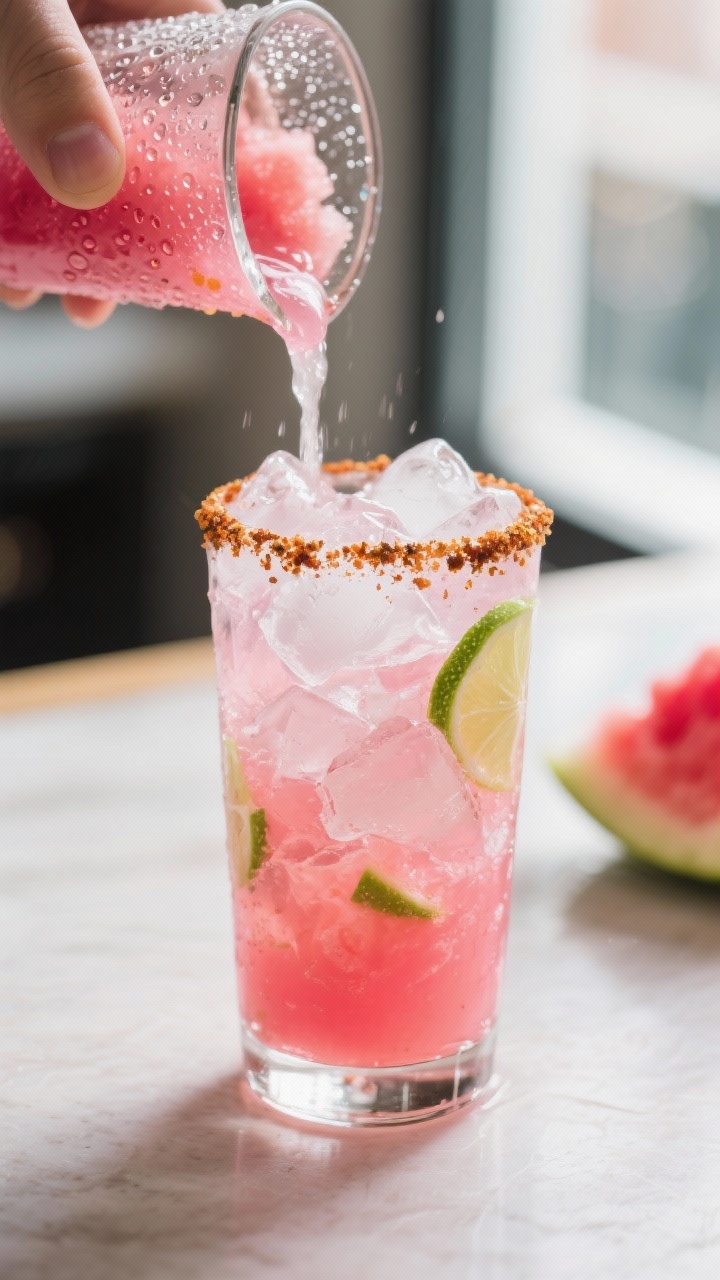 Close-up detail: A chilled highball glass filled with crushed ice and vibrant pink Watermelon Slamme