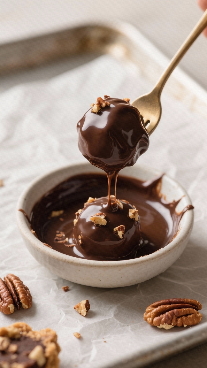 Close-up detail: A chilled pecan pie truffle being dipped into glossy, melted sugar-free dark chocol