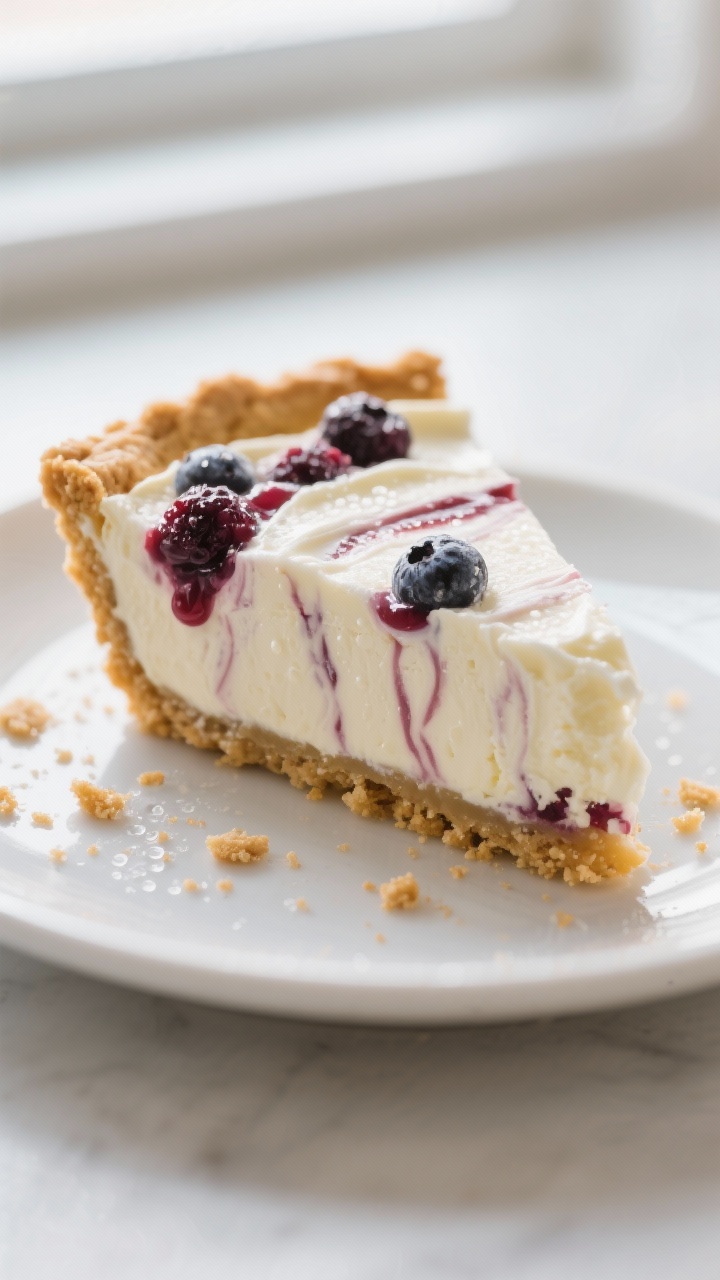 Close-up detail: A chilled slice of Berries Cream Ice Cream Pie just after resting 10–15 minutes,