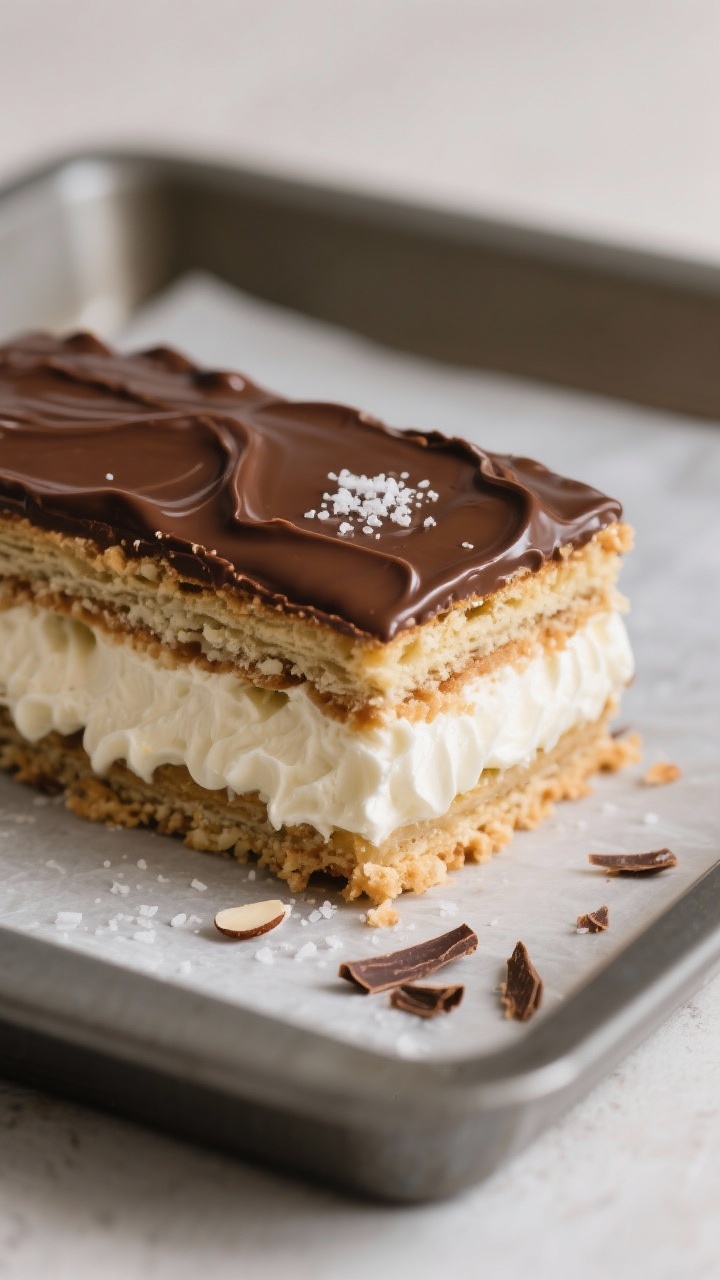 Close-up detail: A clean slice of Keto Eclair Cake lifted from a parchment-lined 9x9-inch pan, showc