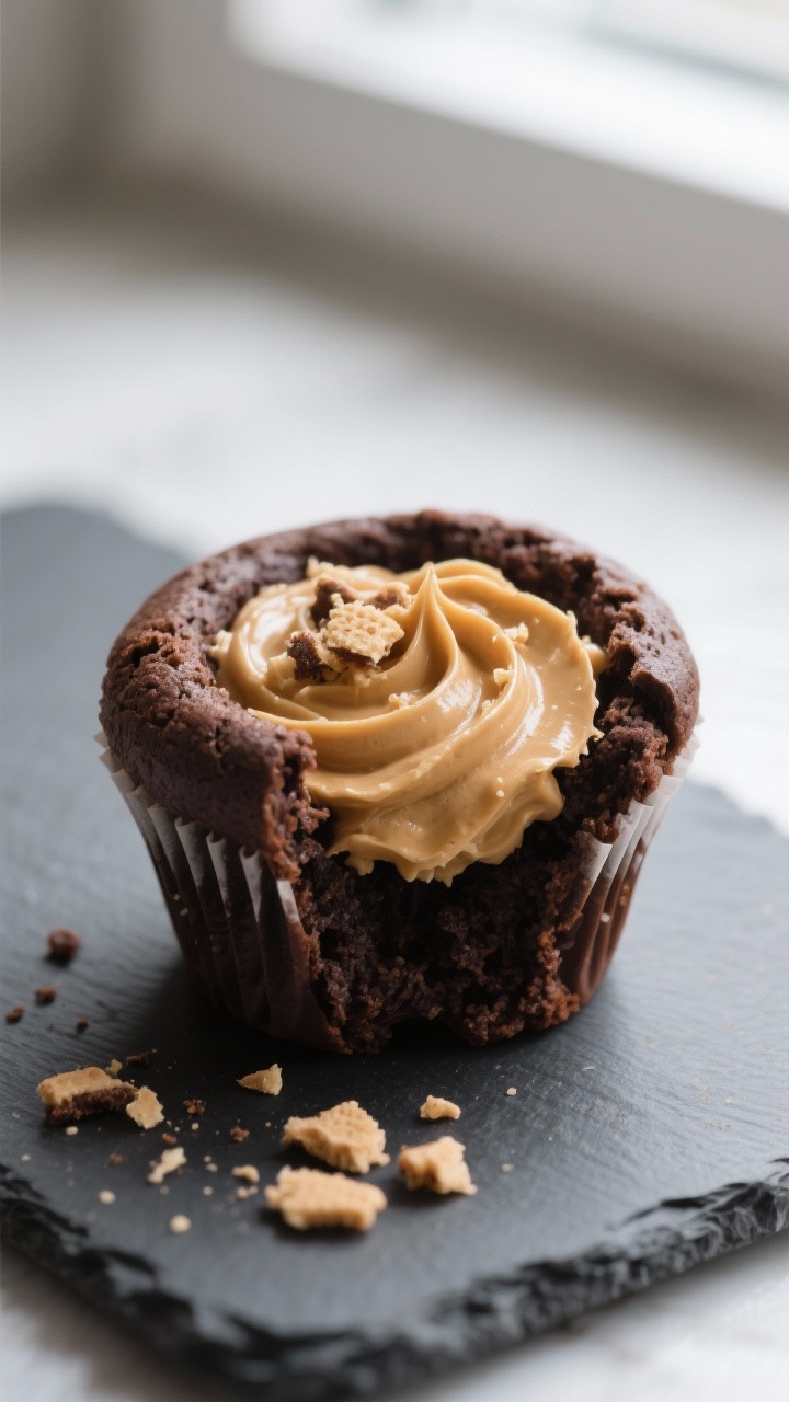 Close-up detail: A cored chocolate cupcake with the cavity freshly filled with creamy peanut butter