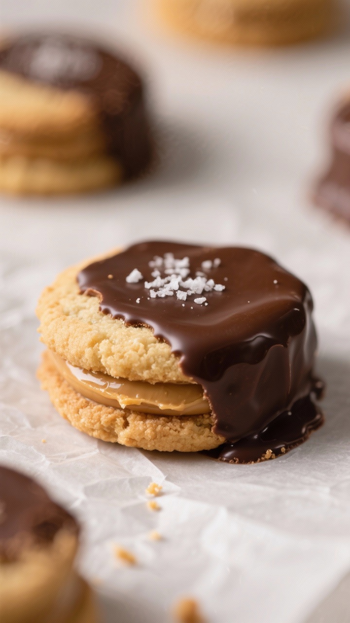 Close-up detail: A dipped Tagalong cookie resting on parchment, glossy semisweet chocolate shell wit