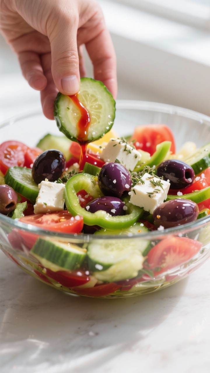 Close-up detail: A finished Greek salad being gently tossed in a wide glass bowl, glistening olive o